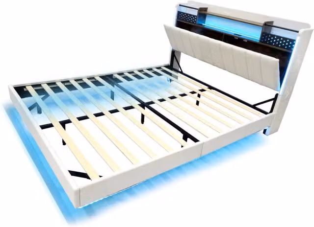 Letto imbottito 140x200 cm in tessuto di lino beige con illuminazione LED, USB e contenitore nel testiera