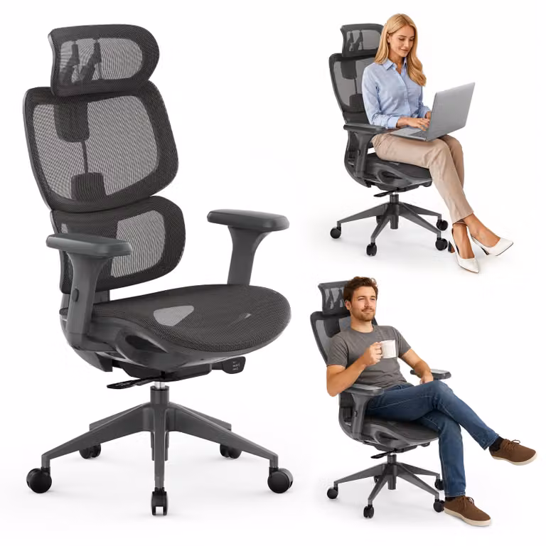 SENSE7 Nobu Sedia da ufficio ergonomica Sedia da scrivania Grigio Braccioli 3D Schienale in rete Poggiatesta Funzione oscillante Sedia direzionale Sedia per home office e gaming 130 kg