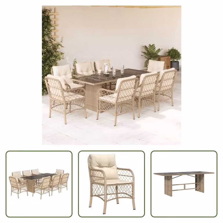 The Living Store Set da pranzo da giardino 9 pezzi con cuscini Beige poly rattan