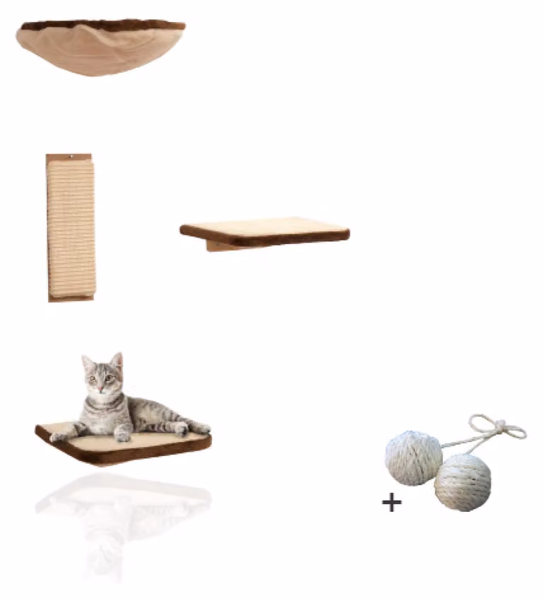 Rohrschneider, parete da arrampicata per gatti, composta da quattro elementi, mobili per gatti da montare a parete, elementi murali, giocattoli per gatti con una cuccia da parete, parete attrezzata con amaca per gatti, accessori, colore: beige/marrone