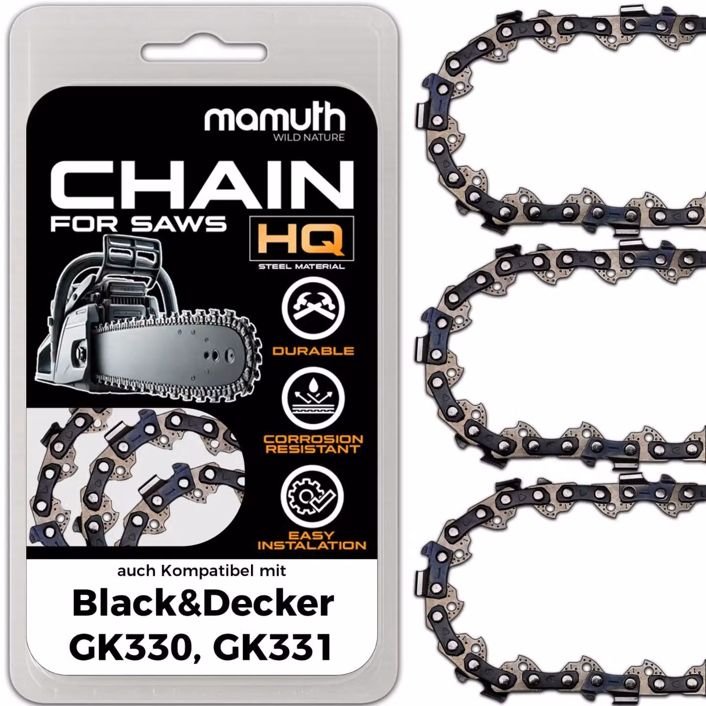 3 catene per motosega, lunghezza 40 cm, spessore 1,3 mm, passo 3/8", modello 55 TG, compatibili con le motoseghe Black&Decker GK330 e GK331