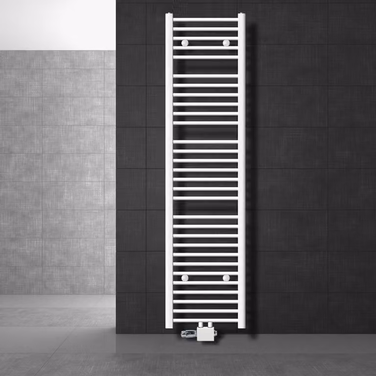 LuxeBath radiatore bagno attacco centrale 400 x 1800 mm bianco diritto con termostato e set di collegamento Angolo universale e diritto passante, senza elemento riscaldante