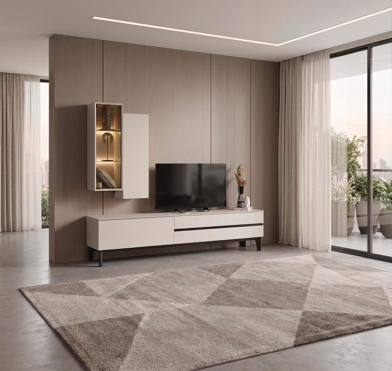 Mobile TV a basso, set di mensole a parete, design moderno, grigio, elegante, lussuoso, parete attrezzata