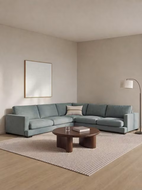 Divano angolare Kenay Home Crate da 6 posti in tessuto acquamarina, larghezza: 321 cm