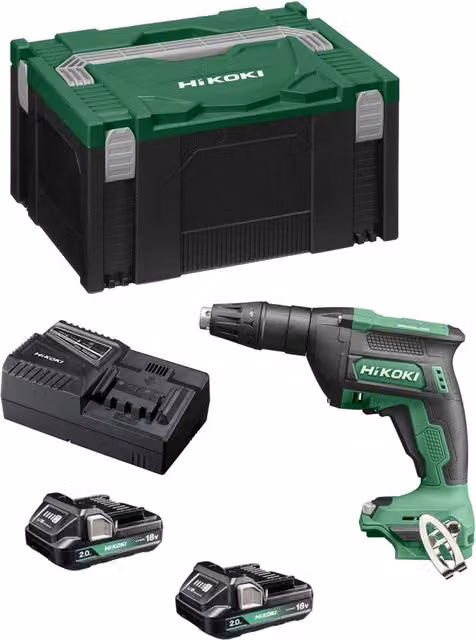 Avvitatore per cartongesso HiKOKI W18DAWAZ con 2 batterie da 2,0 Ah, caricabatterie UC18YFSL e valigetta HSCIII, colore verde
