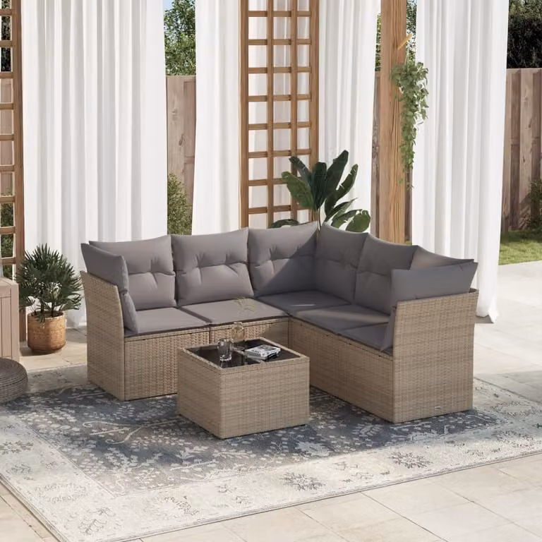 vidaXL Set Divano da Giardino 6 pz a L in Polyrattan con Cuscini Beige e Tavolino da Caffè
