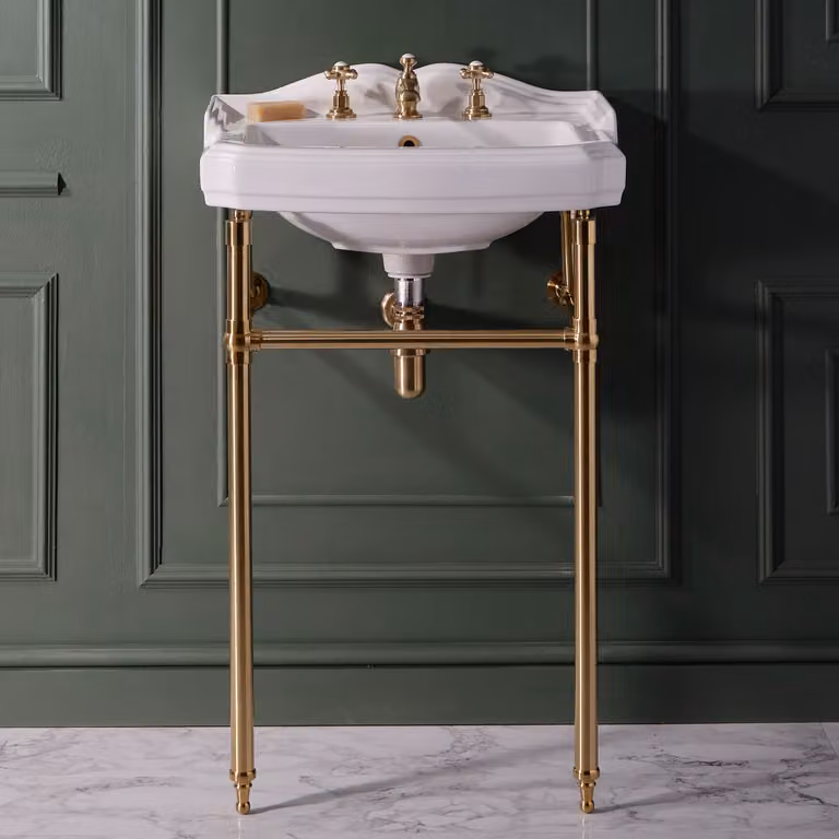 Lavabo Tradizionale da 590mm con 3 Fori per Rubinetteria e Consolle in Oro Satinato - Regent