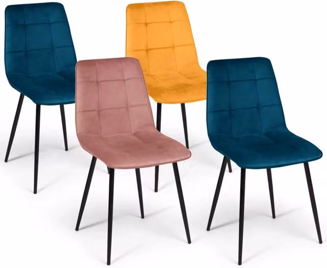 Set di 4 sedie MILA IDMarket in velluto per sala da pranzo e cucina, colori blu, giallo ocra e rosa