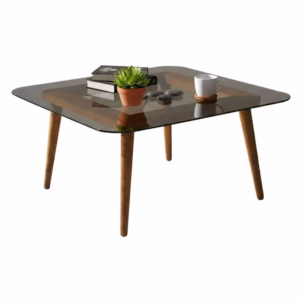 Tavolino da salotto moderno DMORA Mezzagno con piano in vetro trasparente e struttura in legno, colore marrone bronzo, L/P/H: 80 x 80 x 40 cm – 2
