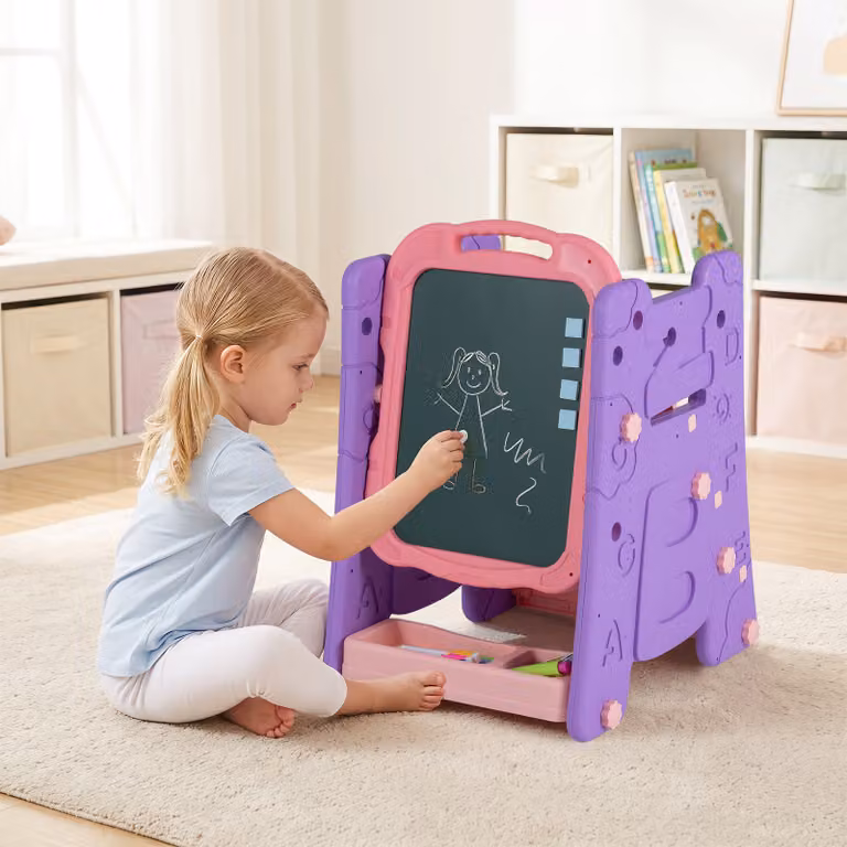 Cavalletto per bambini 3 in 1 Costway con lavagna bifacciale e libreria, regolabile in altezza, Rosa e Viola