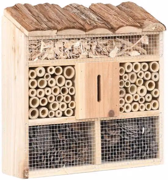 Casetta per insetti - 30 x 10 x 30 cm - Legno massiccio - Rifugio naturale per api, farfalle e coleotteri - Casetta per insetti con bambù e pigne