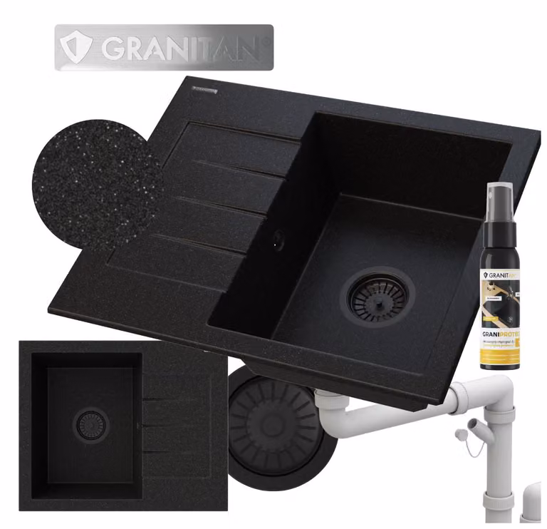 Granitan - Lavello in granito - Lavello da cucina - Lavello 57x46 cm - Nero - con sifone e scolapiatti - MILANO