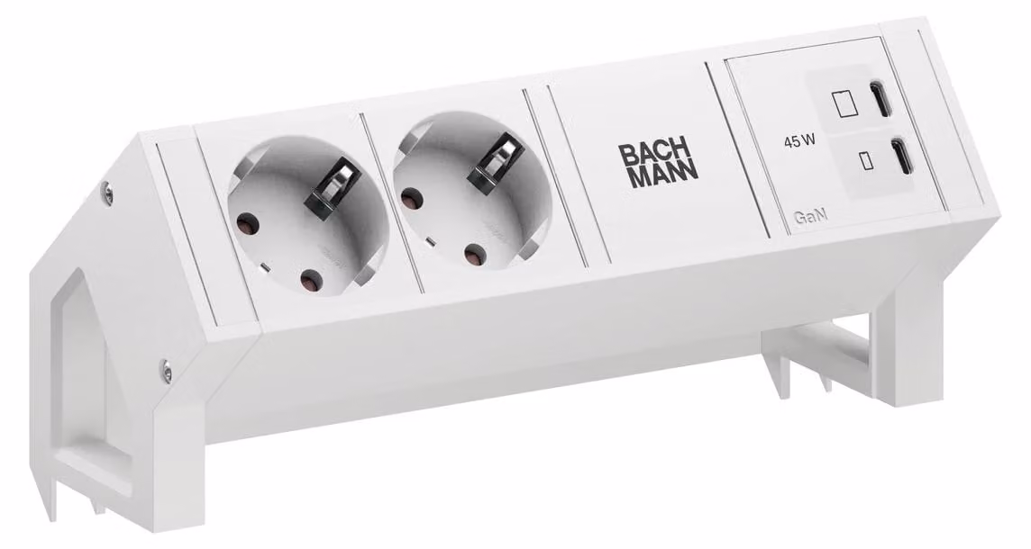 BACHMANN DESK2 BIANCO PURO 2xCEE7/3, 1xUSB C/C 45 W L=0,2 m RAL9010
