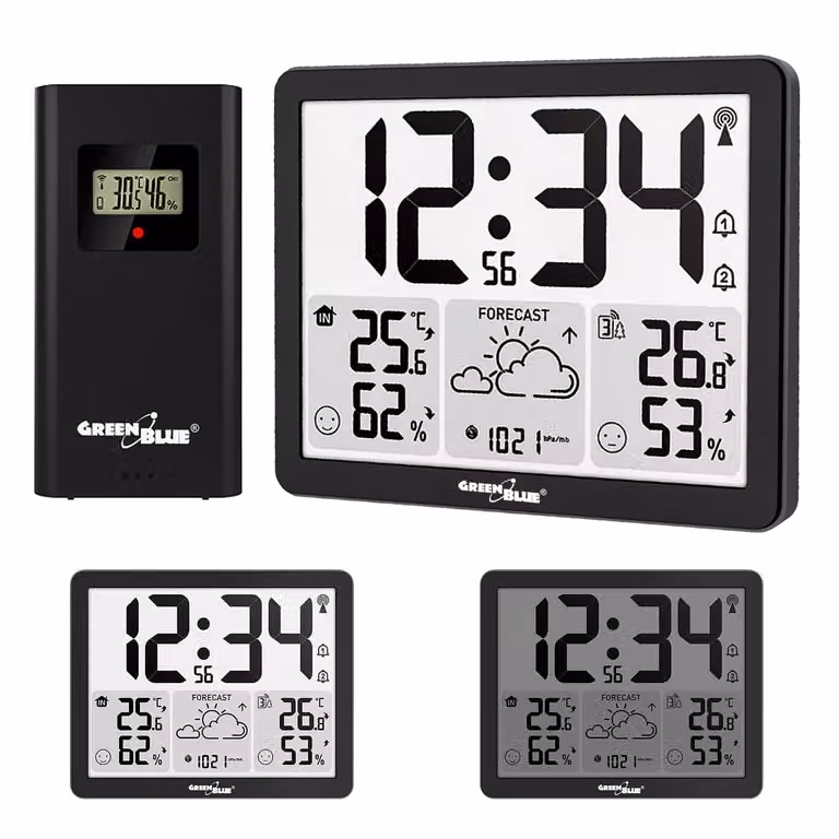 Stazione meteorologica Funk: temperatura e umidità, interni/esterni, orologio/sveglia/data. Scala: °C / °F. Portata fino a 60 metri. Modello: GB443 B, marca: GreenBlue