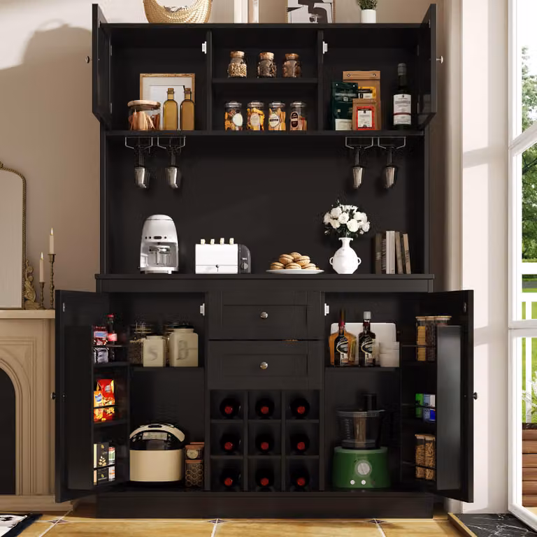 Mobiletto da cucina 120x40x188 cm in MDF, pensile da cucina nero con 4 ante, 2 cassetti, ripiani regolabili e portabottiglie