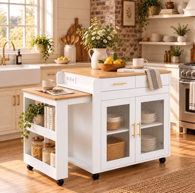 Isola cucina con tavolo estraibile; prese USB-A/C e vani contenitore bianca