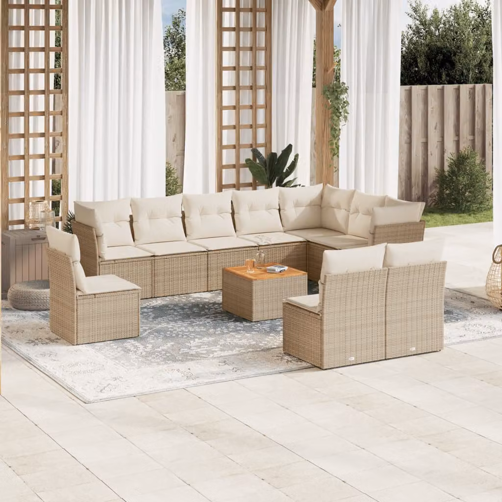 Set di Divani da Giardino vidaXL 11 pz in Polyrattan con Cuscini Beige e Tavolino da Esterno – 1