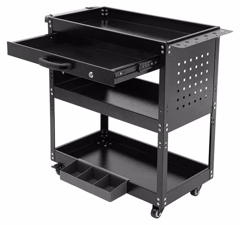 Carrello portattrezzi – Carrello da officina mobile con cassetto – 3 ripiani – Acciaio – Capacità di carico massima: 250 kg – Ganci laterali – Colore: nero