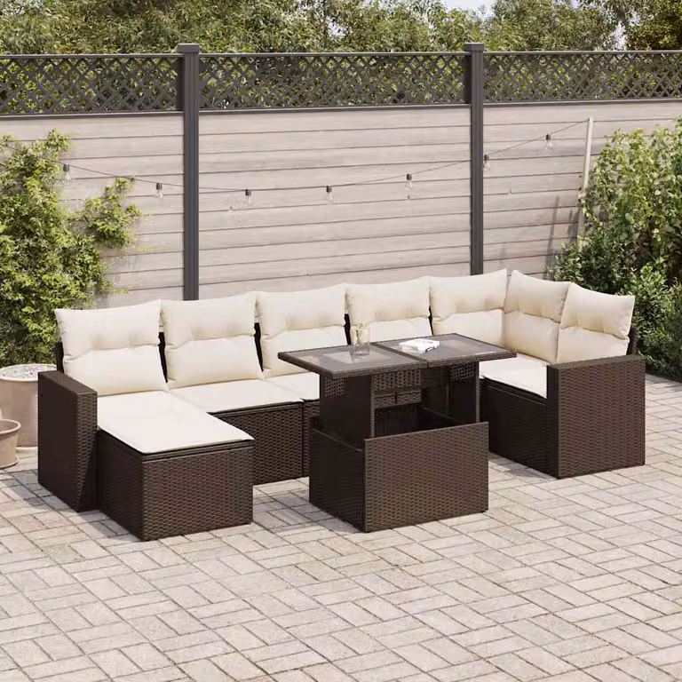Set Divani da Giardino vidaXL 8 Pezzi in Polyrattan Marrone con Cuscini e Tavolino da Esterno a Forma di U