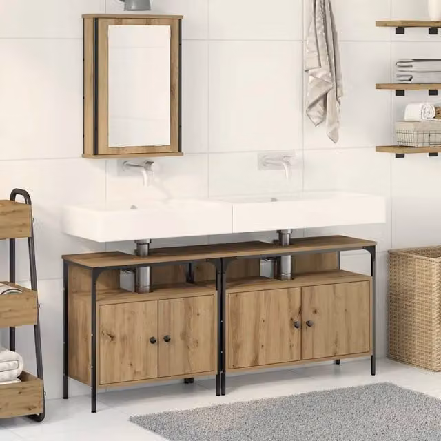 Set da bagno moderno vidaXL in legno marrone con mobile sottolavabo e armadietto con specchio, L: 80 cm, P: 30 cm, H: 60 cm