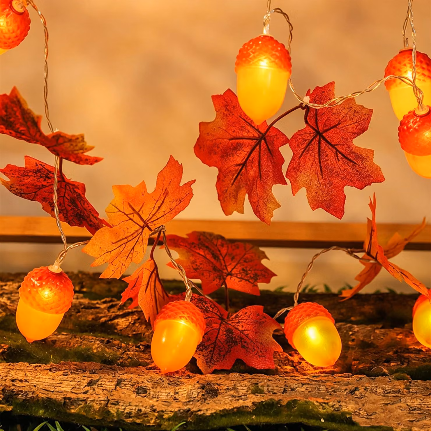 Catena luminosa a forma di foglie d'acero, 2 metri, 10 LED, decorazione autunnale