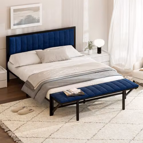 Letto imbottito AIORBER, 140x200 cm, con poggiapiedi pieghevole, ampio spazio di archiviazione, velluto, morbido e confortevole, letto matrimoniale, struttura letto in ferro, stabile ,Blu