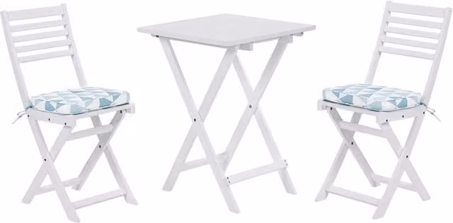 Set da bistrot Beliani in legno di acacia bianco con cuscini blu, design scandinavo moderno, L: 120 cm, P: 60 cm, H: 75 cm