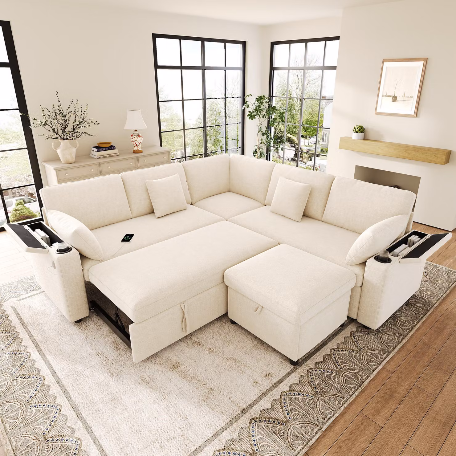 Divano angolare a forma di L Merax con funzione letto, divano letto 6 posti con poggiapiedi, divano estraibile con porta USB di tipo C, portabicchieri, tessuto in chenille, color beige