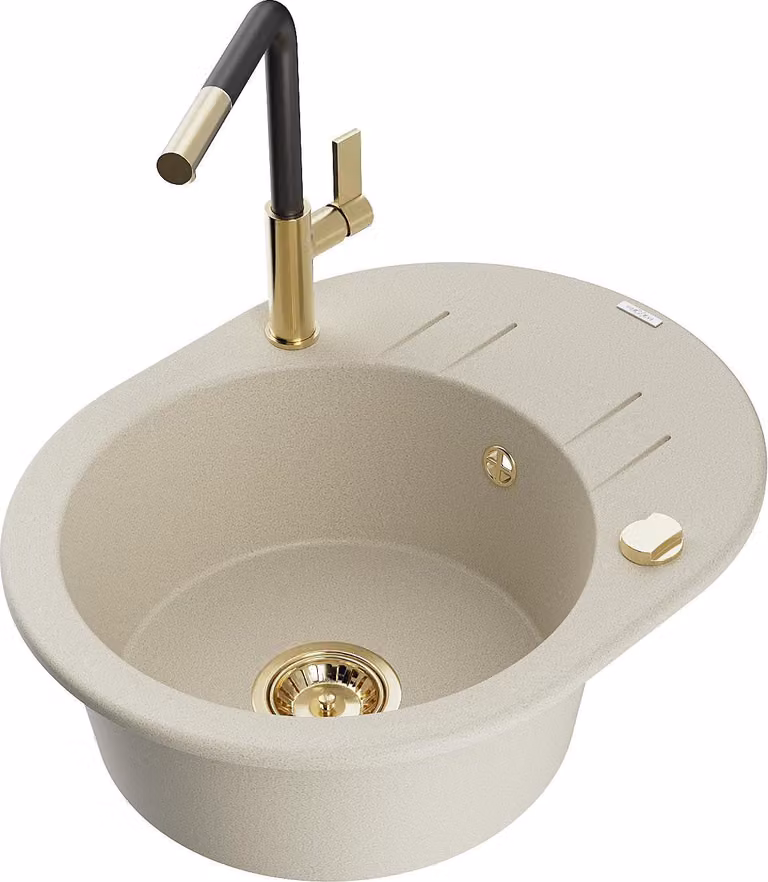 Mexen Kevin lavello in granito a 1 vasca con gocciolatoio e rubinetto da cucina Flora, beige - 6517-69-670401-57-G