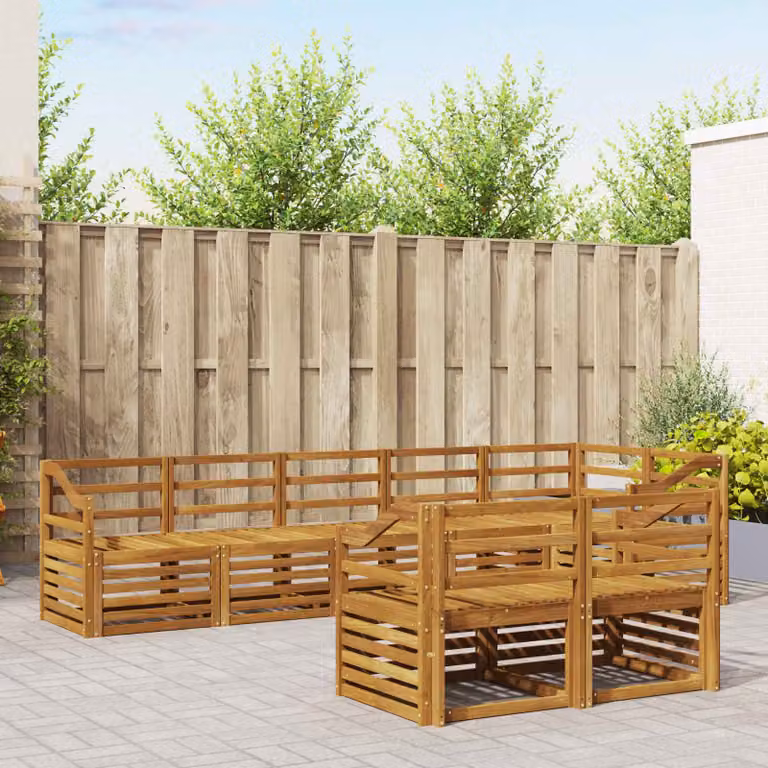 Set di divani da esterno a L vidaXL in legno di acacia con 8 cuscini beige e bianco