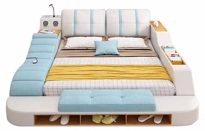 Letto multifunzionale, stile moderno, colore bianco, struttura in legno, morbido