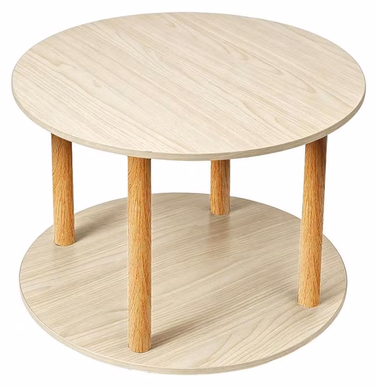 Tavolino rotondo – Tavolino da divano a due piani – In legno – Con ripiano e ruote – Ideale per soggiorno o camera da letto – Colore: marrone
