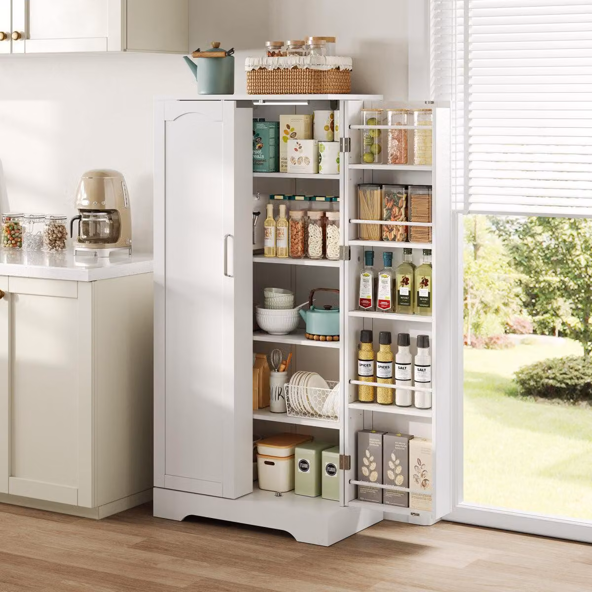 Armadio da cucina bianco 60x35x128 cm con luce a LED con sensore, ripiani regolabili in altezza, doppia anta, protezione antiribaltamento, armadio multifunzione