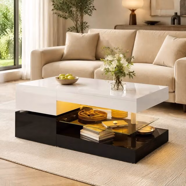 Tavolino da salotto ULEVR 90x45x35,5 cm con LED Bluetooth e APP, ripiano in vetro, bianco e nero lucido