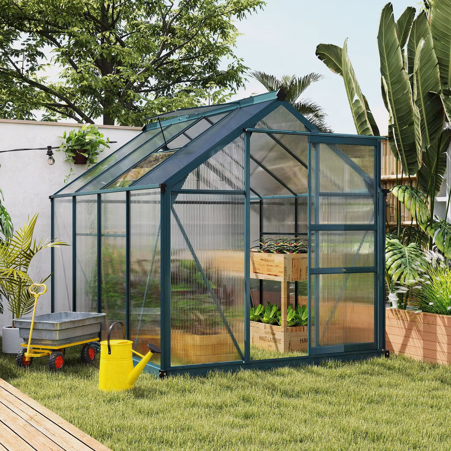 Serra Outsunny in policarbonato e alluminio con porta scorrevole, presa d'aria e grondaia, Verde Scuro, L/P/H: 190 x 252 x 201 cm – 2