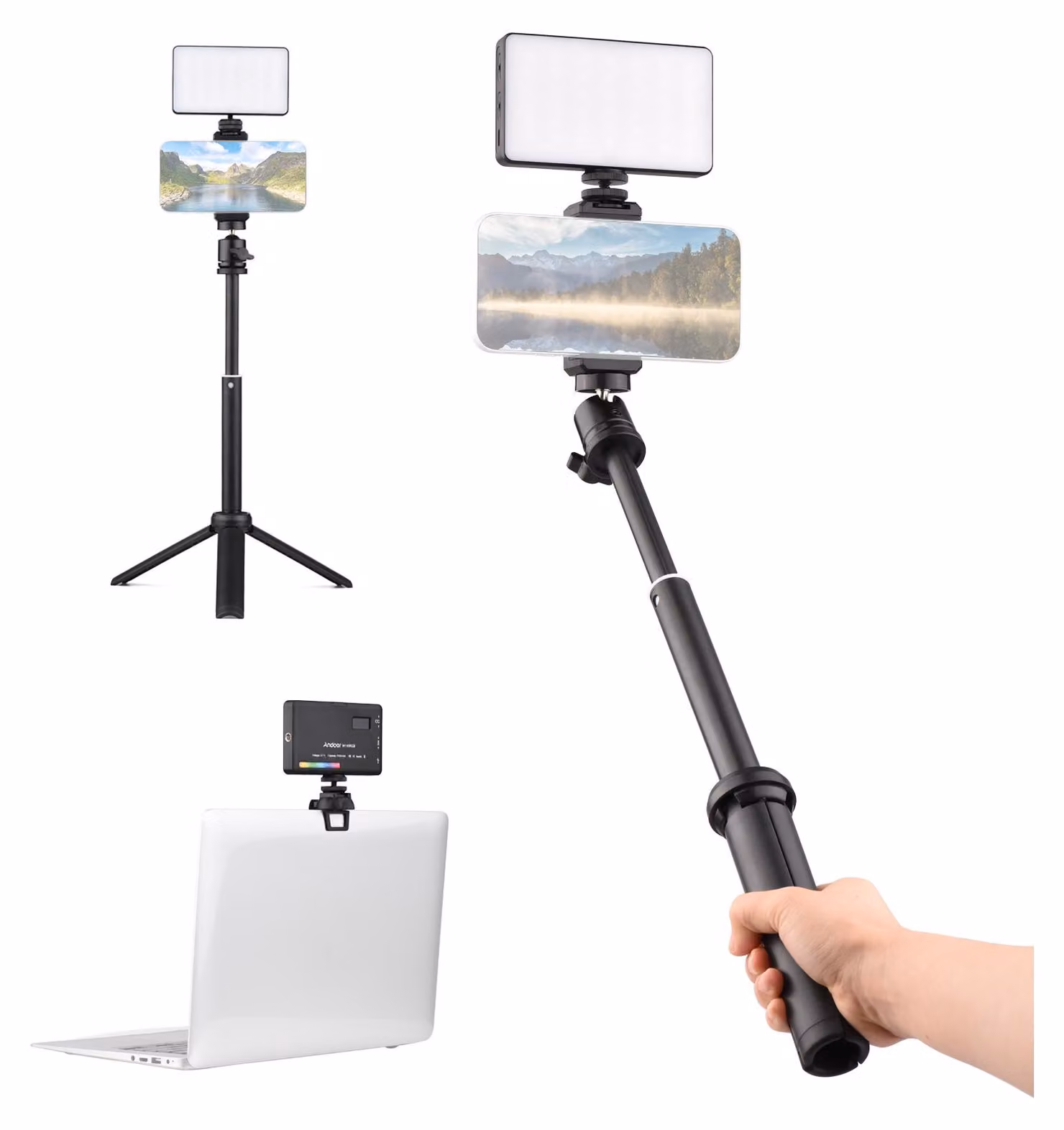 Set di luci video a LED W140 RGB per videoconferenze tascabili CRI95+ 2500K-9000K Dimmerabile 20 effetti luce con supporto da tavolo testa a sfera porta telefono