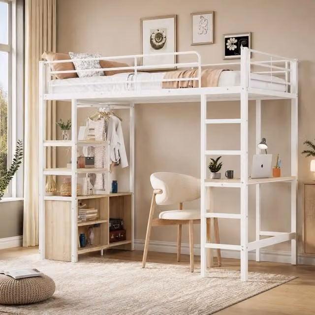 Letto a soppalco 90x200 cm bianco – scrivania, ripiani e USB, senza materasso
