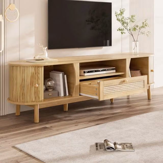 Mobile TV FOLYNA in stile mid-century con anta scorrevole, cassetti in rattan e piedi in legno, colore beige, L/P/H: 165 x 37 x 46 cm