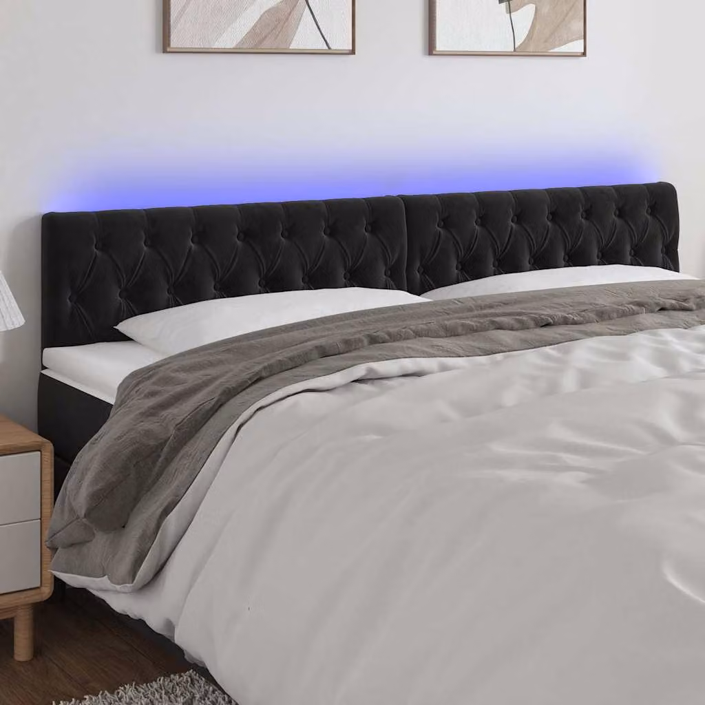 Testiera per letto vidaXL in velluto nero con illuminazione LED integrata e porta di ricarica USB, L: 180 cm, P: 7 cm, H: 78-88 cm