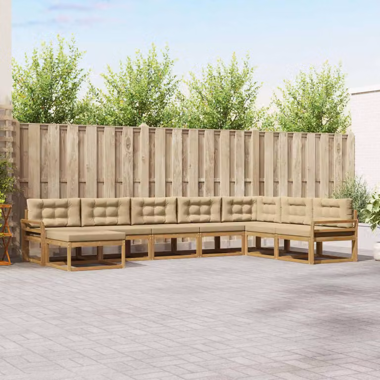 vidaXL Set di divani da esterno a forma di U composto da 8 pezzi in legno di acacia con cuscini, Bianco e Beige