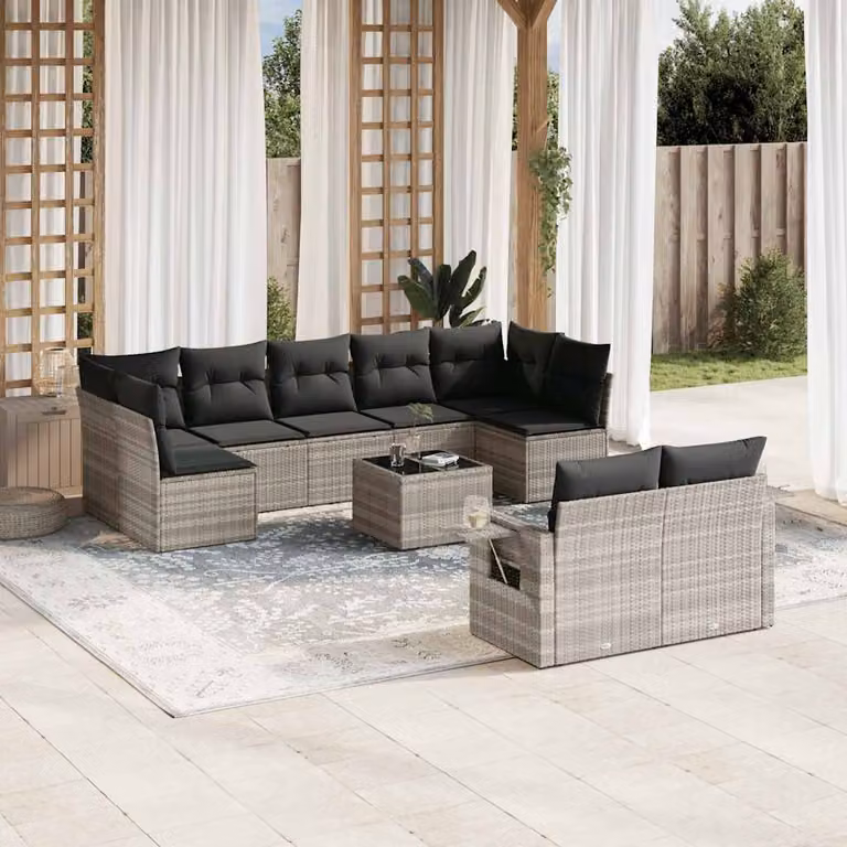 Set Divano da Giardino vidaXL 10 Pezzi a Forma di L con Cuscini e Tavolino, Polyrattan e Metallo, Grigio