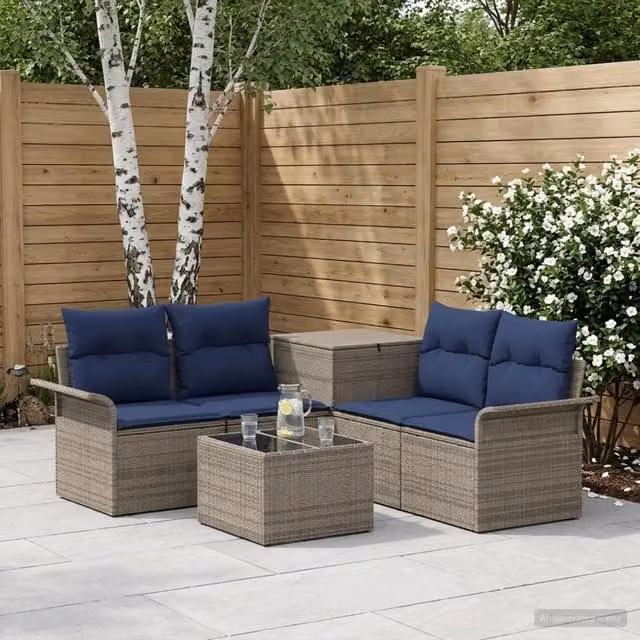 Set di mobili da giardino vidaXL composto da 6 pezzi con divani, elemento angolare, tavolino e pouf in tessuto grigio e blu navy con struttura in acciaio verniciato a polvere