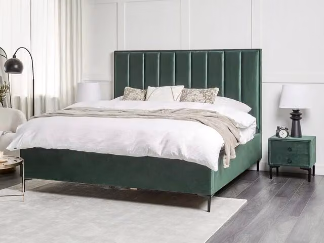 Set camera da letto in velluto verde scuro matrimoniale 180 x 200 cm letto con contenitore 2 comodini imbottiti