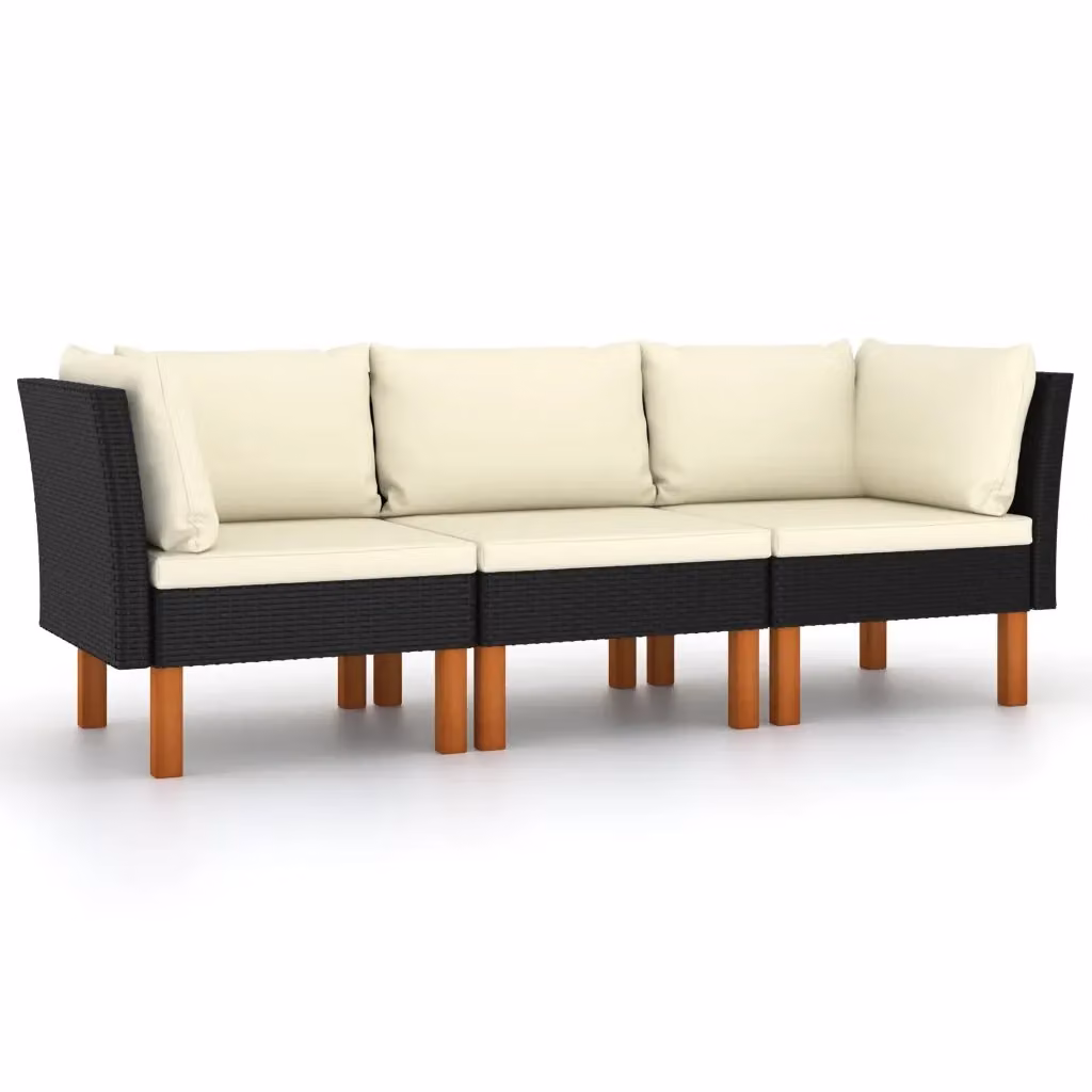vidaXL Divano da Giardino a 3 Posti in Polyrattan con Cuscini Imbottiti Nero e Bianco – 2