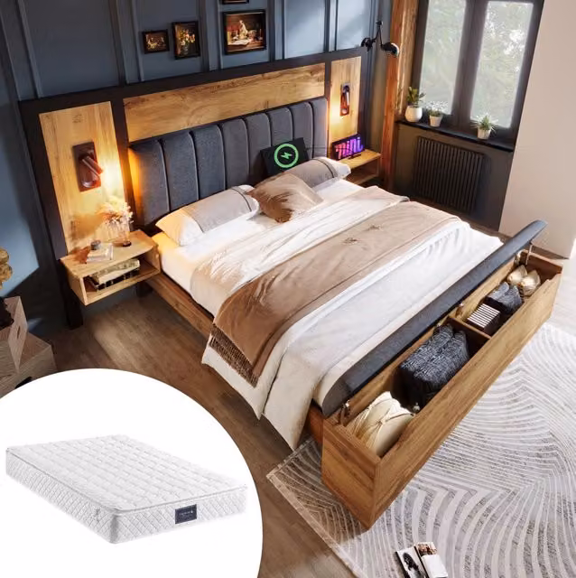Letto matrimoniale 160x200 cm in rovere con luci e USB-C