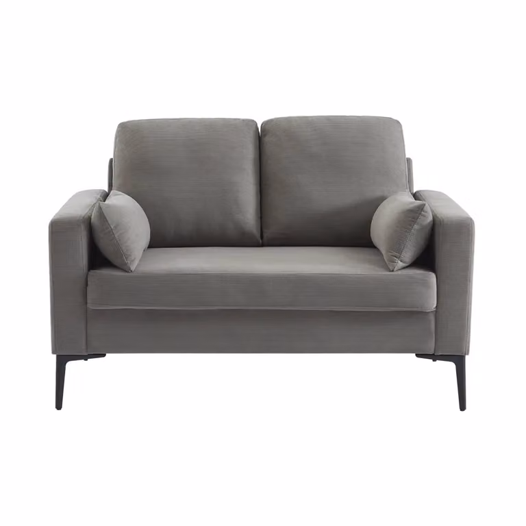 Divano a 2 posti Sweeek in velluto a coste grigio, design moderno con gambe in metallo e legno, L: 130 cm, P: 82 cm, H: 68 cm