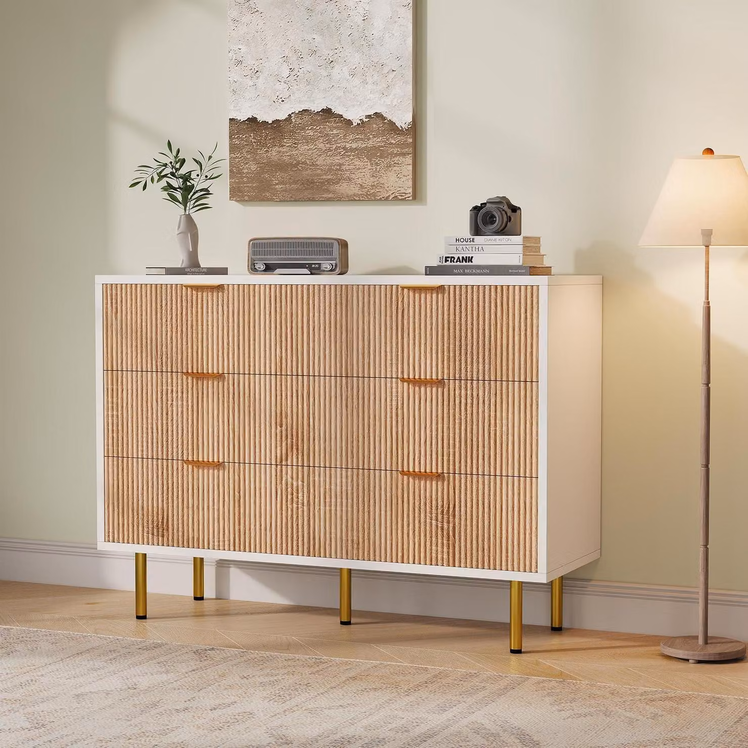 Comodino con 6 cassetti, dimensioni 100 x 34 x 73 cm, colore bianco/effetto legno