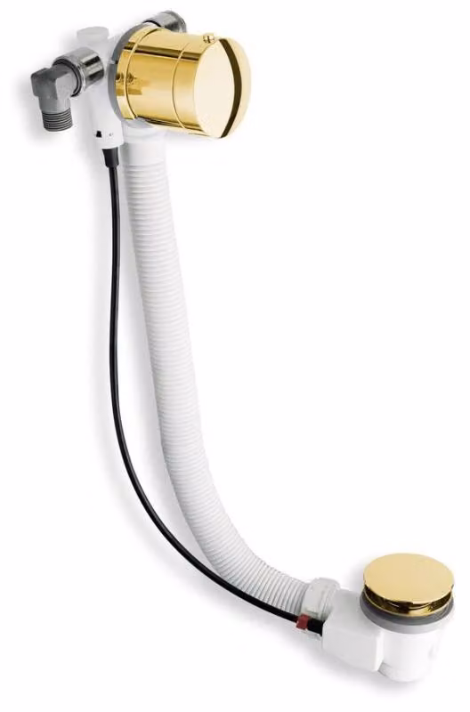 Set di scarico Polysan con bocchetta, cavo Bowden, lunghezza 975 mm, tappo da 72 mm, dorato