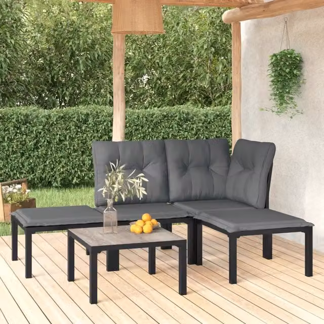 Set Salotto da Giardino Moderno vidaXL a Forma a L in Polyrattan Nero e Grigio con Cuscini e Tavolino da Caffè