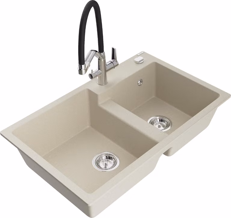 Mexen Tomas lavello in granito a 2 vasche con miscelatore da cucina Duo, beige - 6516-69-671701-07